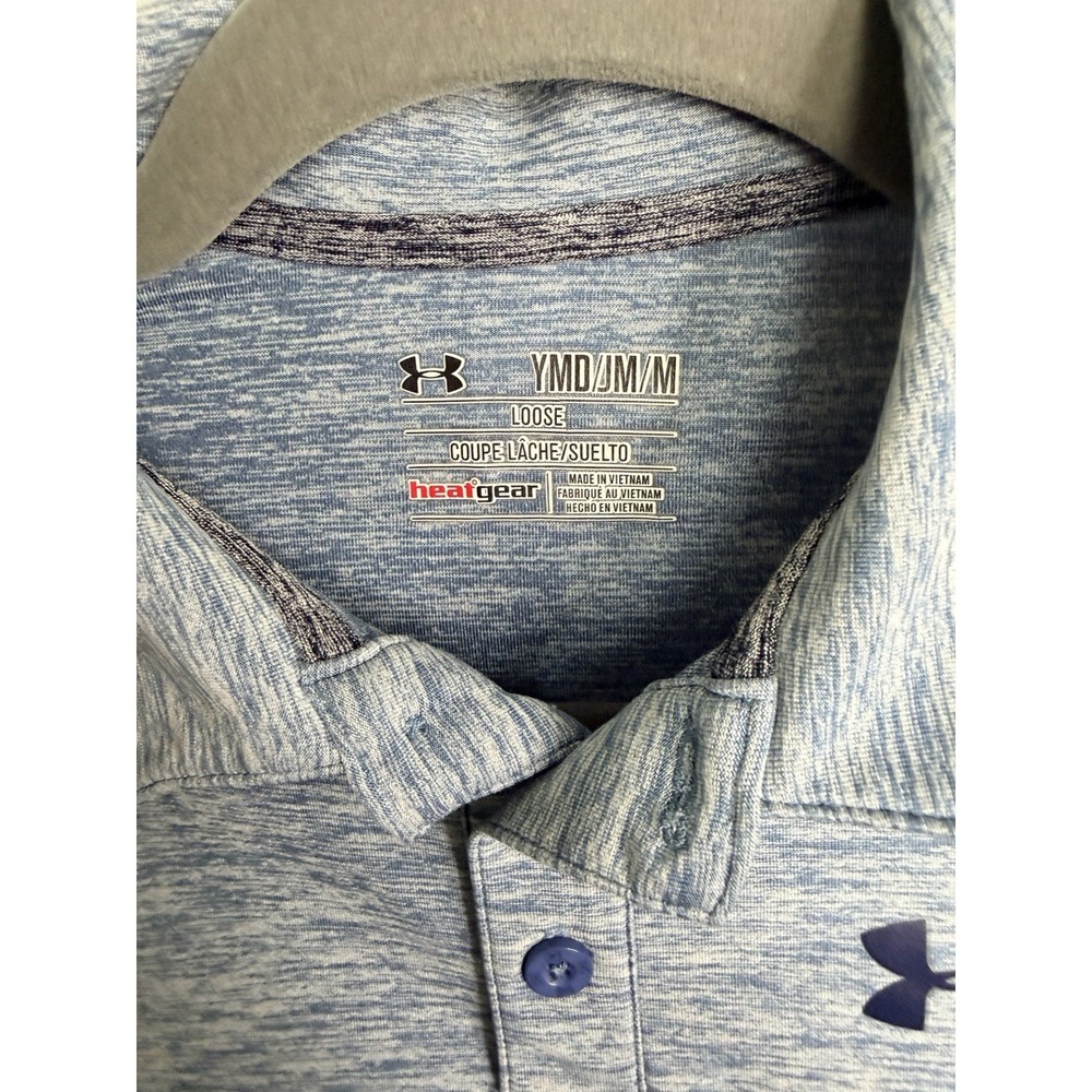 Under Armour Boys Youth Medium Blue Heather Performance Polo Shirt Heat Gear - Picture 3 of 6